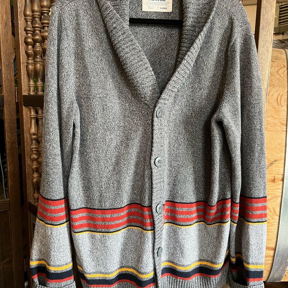 Vintage urban pipeline Gray Shawl Collar Cardigan with Red and Yellow Stripes
